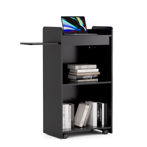 Haooyeah Mobile Podium with Storage & Slide-Out Tray, Rolling Lectern with Locking Wheels