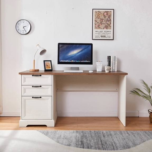 Haooyeah Office Computer Desk with 3 Drawers, Built-in Power Outlet, USB & Type-C Fast Charging, Wooden Writing Desk for Home Office,White