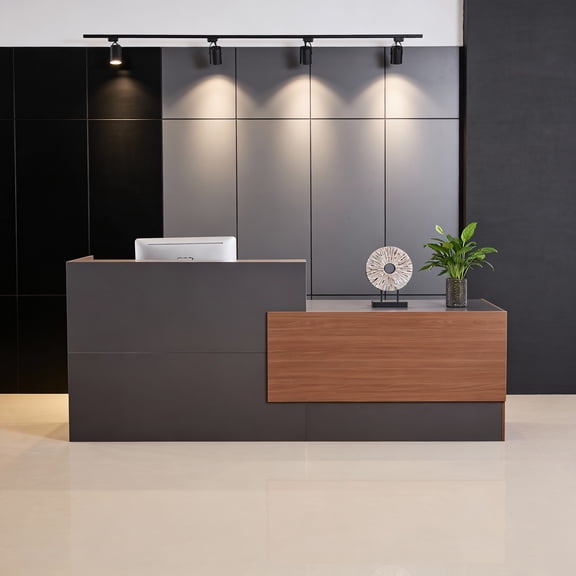 Haooyeah Reception Desk with Counter, Modern Desk with Lockable Drawer & Shelves, Brown-Gray