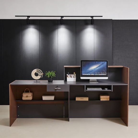 Haooyeah Reception Desk with Counter, Modern Desk with Lockable Drawer & Shelves, Brown-Gray