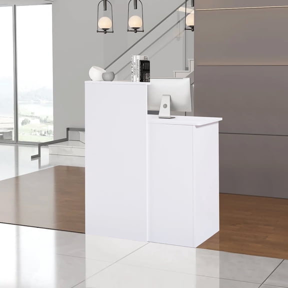 Haooyeah Reception Desk with Lockable Drawers, Front Counter with Storage & Cable Management Hole for Office, Store, Hotel, White