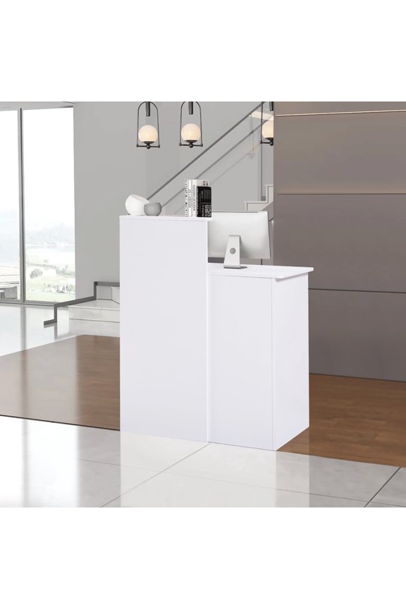Reception Desk with Lockable Drawers, Front Counter with Storage & Cable Management Hole for Office, Store, Hotel, White