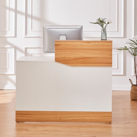 Haooyeah Reception Desk with Upper Storage Shelf & Cable Management, Left-Fixed Front Counter Desk, White & Wood