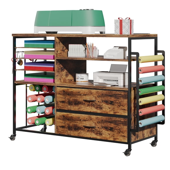Haooyeah Rolling Craft Storage Cart with Vinyl Roll Holder, Power Outlets, Drawers & Wheels, Brown