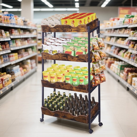 Haooyeah Rustic Brown 4-Tier Tilted Rolling Display Shelf, Double-Grid Storage Cart with 8 Hooks & Lockable Wheels, Metal Frame Snack Organizer