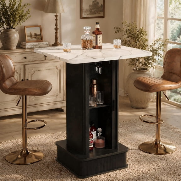 WARAYZ Square Bar Table with Hidden Storage, Two-Tier Shelves, Faux Marble Top, Black Finish