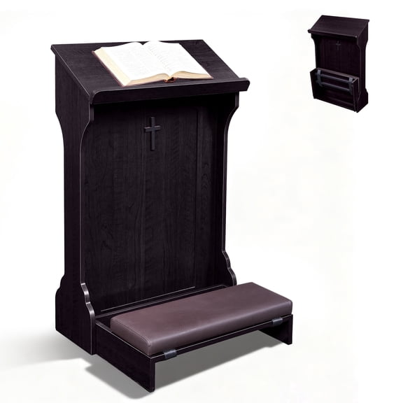 Haooyeah Wooden Prayer Table with Thick Kneeling Pad, Folding Design, Rounded Book Rest, Decorative Cross, Steel Tube Base for Home & Church Use, Dark Brown