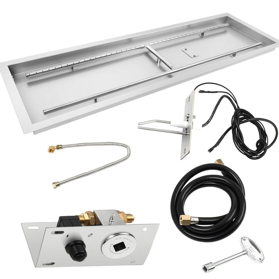Haosegd 48 * 14 inch Rectangular Fire Pit Pan Kit, for Indoor or Outdoor Large Built-in Fire Table. Stainless Steel Drop-in Fire Pit Pan with H-Shaped Burner, Spark Ignition Kit 185000BUT
