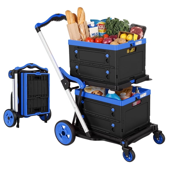 Haosegd Blue Shopping Carts for Groceries,200 LBS Capacity Collapsible Grocery Carts with 2 Storage Crates
