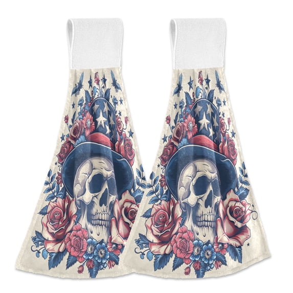 Haosy 2 Pack Kitchen Wash Cloths with Hanging Loops Absorbent Absorbent Quick Drying Hand Towels, American Style Skull and Rose