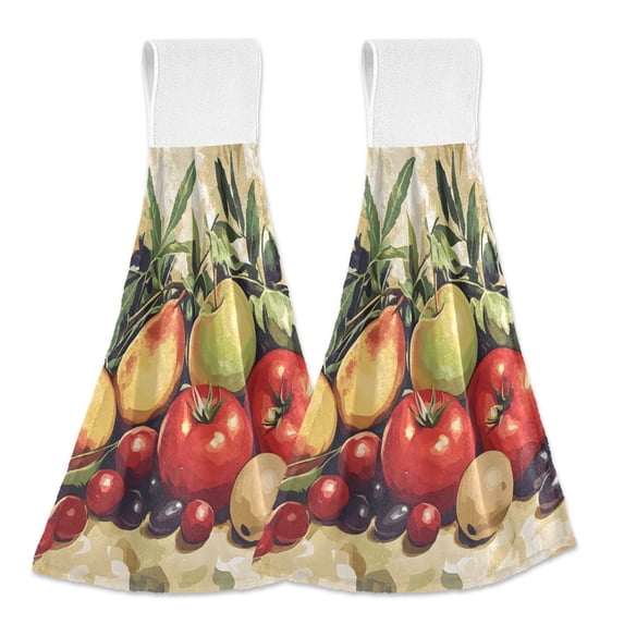 Haosy 2 Pack Kitchen Wash Cloths with Hanging Loops Absorbent Absorbent Quick Drying Hand Towels, Apple Tomato Grape Mango