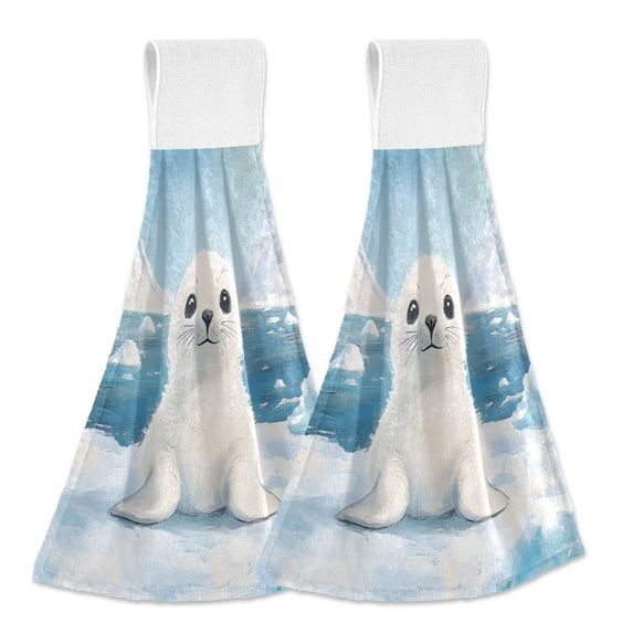Haosy 2 Pack Kitchen Wash Cloths with Hanging Loops Absorbent Absorbent Quick Drying Hand Towels, Baby Seal on Iceberg
