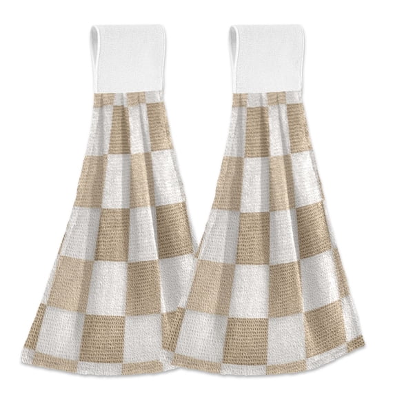 Haosy 2 Pack Kitchen Wash Cloths with Hanging Loops Absorbent Absorbent Quick Drying Hand Towels, Beige Brown White Checkered