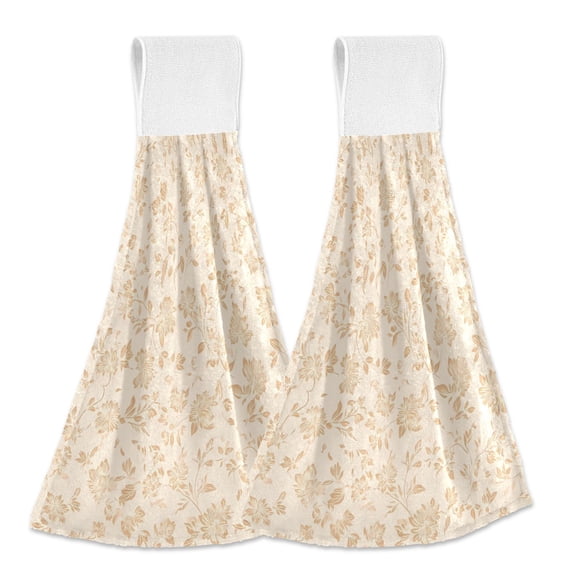 Haosy 2 Pack Kitchen Wash Cloths with Hanging Loops Absorbent Absorbent Quick Drying Hand Towels, Beige Small Floral Motifs