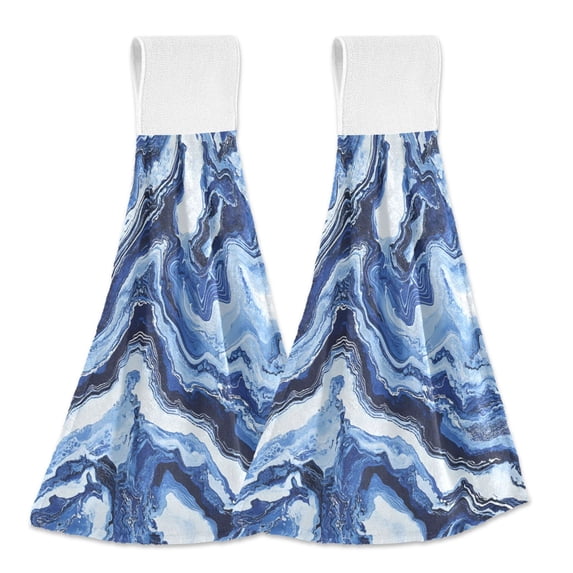 Haosy 2 Pack Kitchen Wash Cloths with Hanging Loops Absorbent Absorbent Quick Drying Hand Towels, Blue Black White Marble