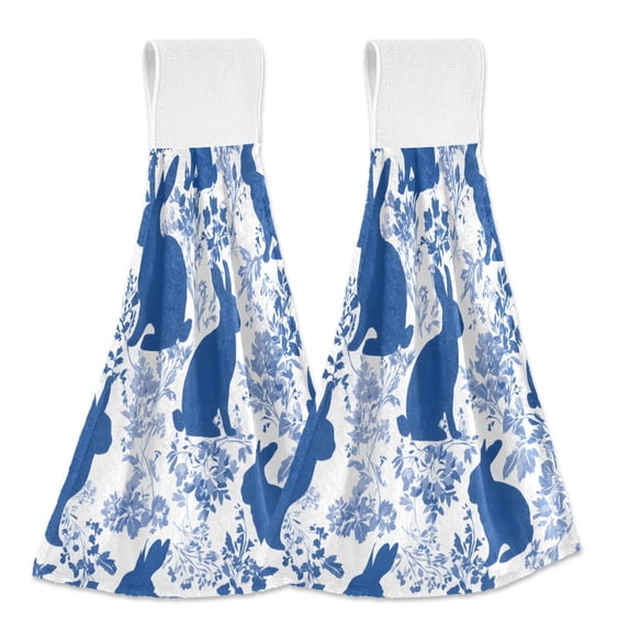 Haosy 2 Pack Kitchen Wash Cloths with Hanging Loops Absorbent Absorbent Quick Drying Hand Towels, Blue Flower Easter Bunny Silhouette