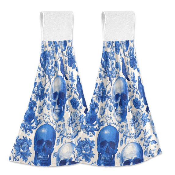Haosy 2 Pack Kitchen Wash Cloths with Hanging Loops Absorbent Absorbent Quick Drying Hand Towels, Blue Skull Bird Flower