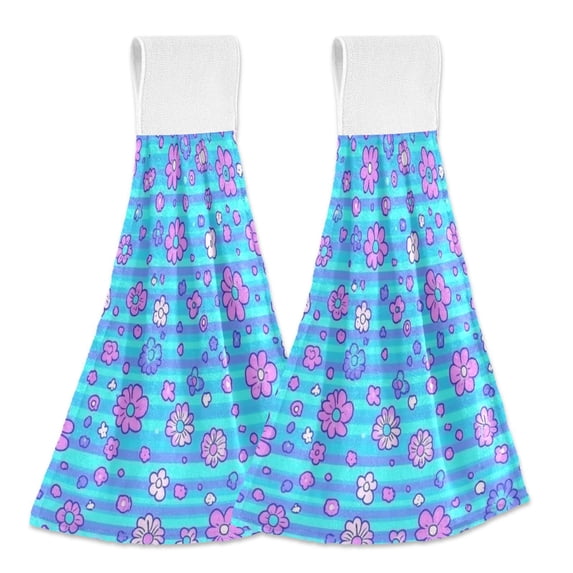 Haosy 2 Pack Kitchen Wash Cloths with Hanging Loops Absorbent Absorbent Quick Drying Hand Towels, Blue Stripes with Cute Flowers