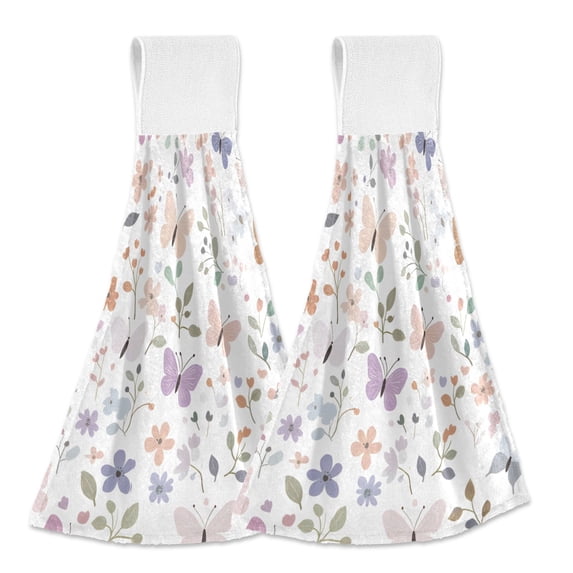 Haosy 2 Pack Kitchen Wash Cloths with Hanging Loops Absorbent Absorbent Quick Drying Hand Towels, Butterflies and Flowers