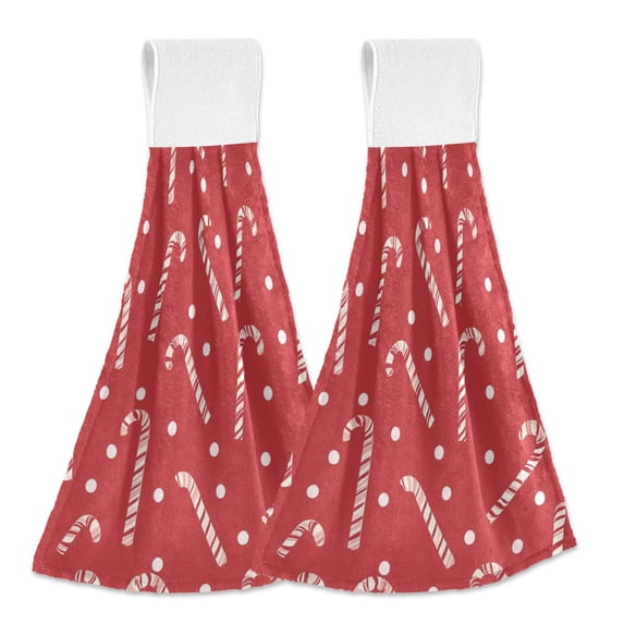 Haosy 2 Pack Kitchen Wash Cloths with Hanging Loops Absorbent Absorbent Quick Drying Hand Towels, Candy Cane and Dots