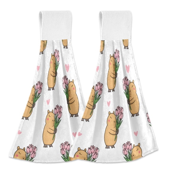 Haosy 2 Pack Kitchen Wash Cloths with Hanging Loops Absorbent Absorbent Quick Drying Hand Towels, Capybara Tulip Love Heart