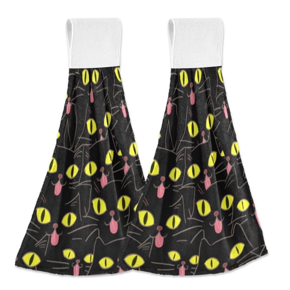Haosy 2 Pack Kitchen Wash Cloths with Hanging Loops Absorbent Absorbent Quick Drying Hand Towels, Cartoon Black Cats