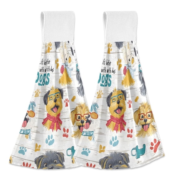 Haosy 2 Pack Kitchen Wash Cloths with Hanging Loops Absorbent Absorbent Quick Drying Hand Towels, Cartoon Dog and Paw