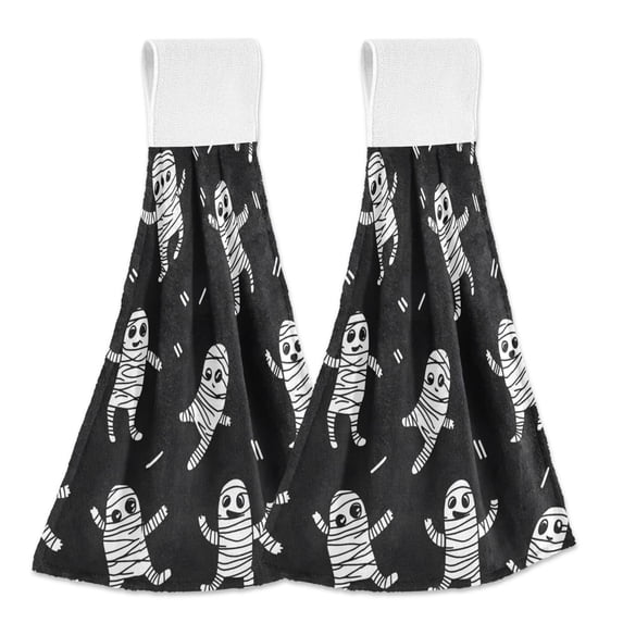 Haosy 2 Pack Kitchen Wash Cloths with Hanging Loops Absorbent Absorbent Quick Drying Hand Towels, Cartoon Mummy Dance