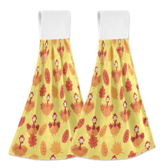 Haosy 2 Pack Kitchen Wash Cloths with Hanging Loops Absorbent Absorbent Quick Drying Hand Towels, Cartoon Turkeys and Leaf