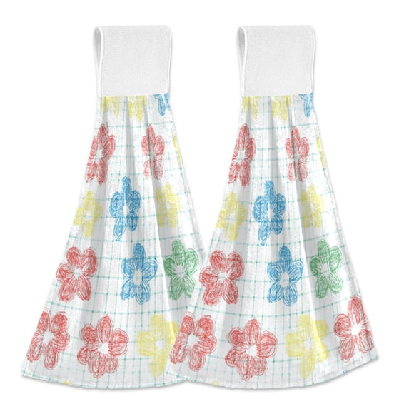 Haosy 2 Pack Kitchen Wash Cloths with Hanging Loops Absorbent Absorbent Quick Drying Hand Towels, Checkered Stripes with Hand Drawn Flower