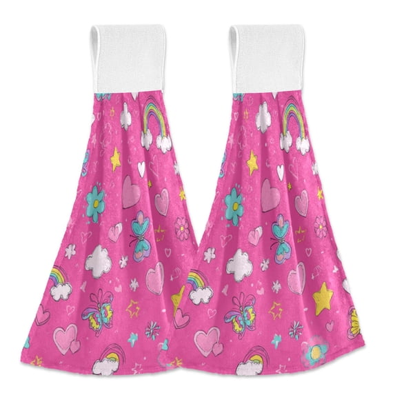Haosy 2 Pack Kitchen Wash Cloths with Hanging Loops Absorbent Absorbent Quick Drying Hand Towels, Cloud Star Flower Rainbow Butterfly