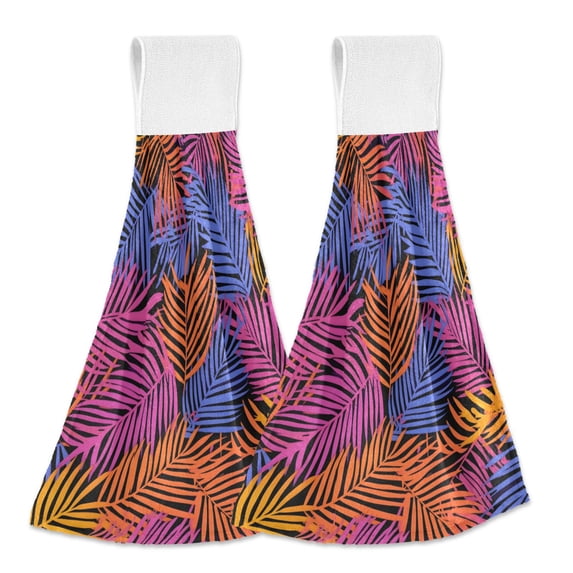 Haosy 2 Pack Kitchen Wash Cloths with Hanging Loops Absorbent Absorbent Quick Drying Hand Towels, Colorful Palm Leaf