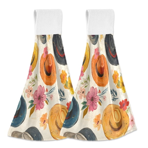 Haosy 2 Pack Kitchen Wash Cloths with Hanging Loops Absorbent Absorbent Quick Drying Hand Towels, Cow Hats and Flowers
