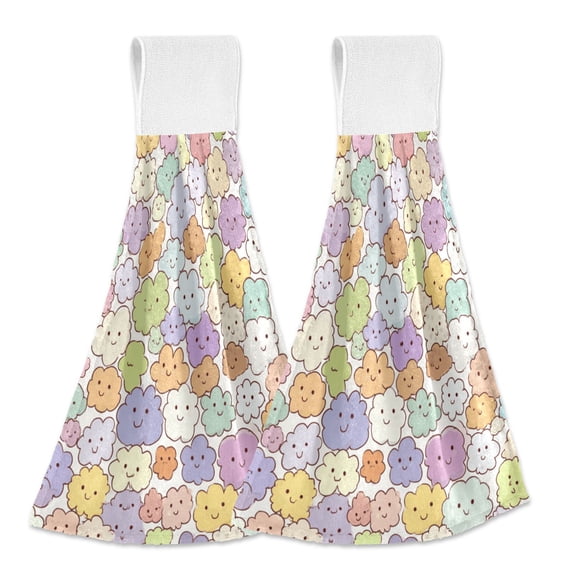 Haosy 2 Pack Kitchen Wash Cloths with Hanging Loops Absorbent Absorbent Quick Drying Hand Towels, Cute Cartoon Cloud