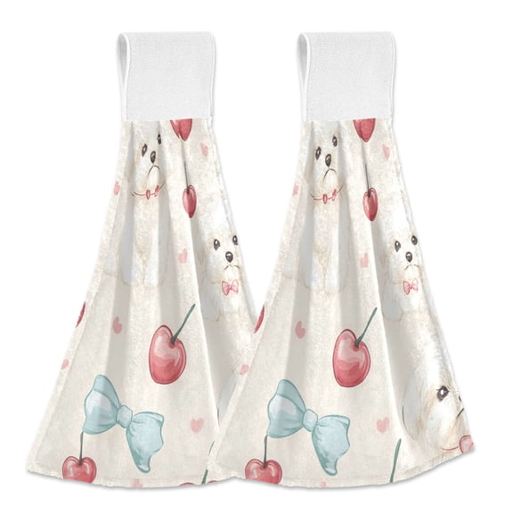 Haosy 2 Pack Kitchen Wash Cloths with Hanging Loops Absorbent Absorbent Quick Drying Hand Towels, Cute Dogs Cherry Bow