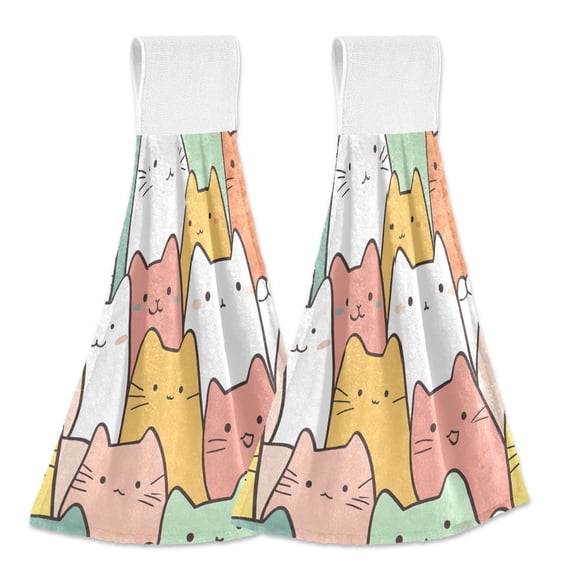 Haosy 2 Pack Kitchen Wash Cloths with Hanging Loops Absorbent Absorbent Quick Drying Hand Towels, Cute Pastel Cats