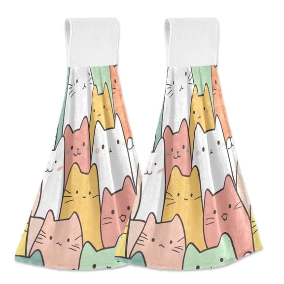 Haosy 2 Pack Kitchen Wash Cloths with Hanging Loops Absorbent Absorbent Quick Drying Hand Towels, Cute Pastel Cats