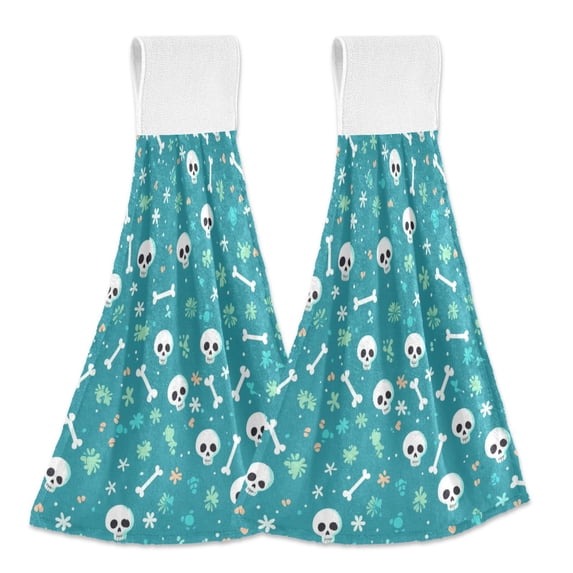 Haosy 2 Pack Kitchen Wash Cloths with Hanging Loops Absorbent Absorbent Quick Drying Hand Towels, Cute Skull Bone Flower