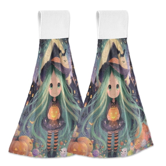 Haosy 2 Pack Kitchen Wash Cloths with Hanging Loops Absorbent Absorbent Quick Drying Hand Towels, Cute Witch Hold Halloween Pumpkins