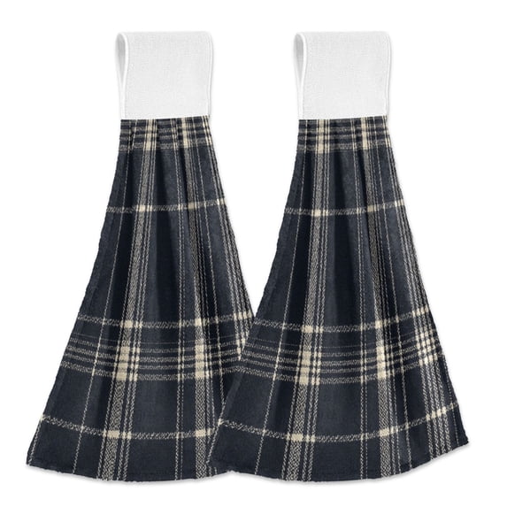 Haosy 2 Pack Kitchen Wash Cloths with Hanging Loops Absorbent Absorbent Quick Drying Hand Towels, Dark Navy Blue Plaid