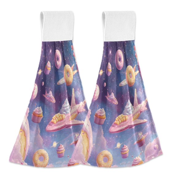 Haosy 2 Pack Kitchen Wash Cloths with Hanging Loops Absorbent Absorbent Quick Drying Hand Towels, Dessert Planet Spaceship