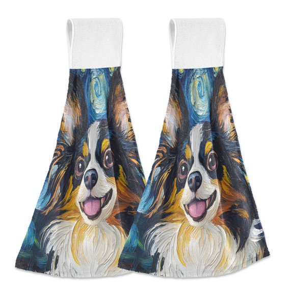 Haosy 2 Pack Kitchen Wash Cloths with Hanging Loops Absorbent Absorbent Quick Drying Hand Towels, Dog and Starry Sky