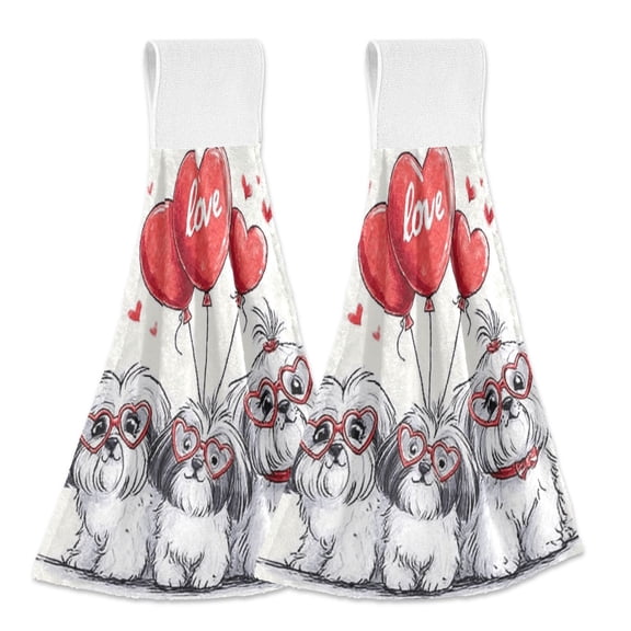 Haosy 2 Pack Kitchen Wash Cloths with Hanging Loops Absorbent Absorbent Quick Drying Hand Towels, Dogs Heart-shaped Balloons