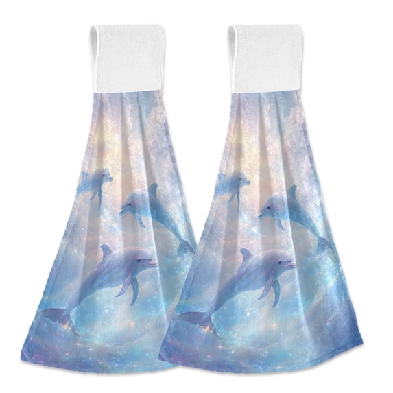 Haosy 2 Pack Kitchen Wash Cloths with Hanging Loops Absorbent Absorbent Quick Drying Hand Towels, Dolphin in Glowy Sea