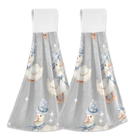 Haosy 2 Pack Kitchen Wash Cloths with Hanging Loops Absorbent Absorbent Quick Drying Hand Towels, Ducks with Hat and Stars