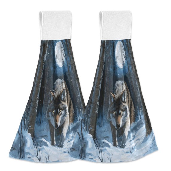 Haosy 2 Pack Kitchen Wash Cloths with Hanging Loops Absorbent Absorbent Quick Drying Hand Towels, Forest Wolf Moon