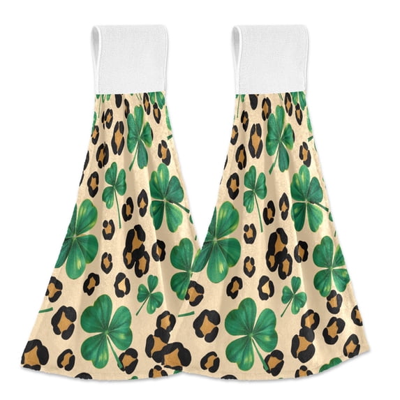 Haosy 2 Pack Kitchen Wash Cloths with Hanging Loops Absorbent Absorbent Quick Drying Hand Towels, Four Leaf Clover Leopard