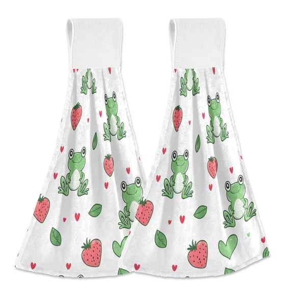 Haosy 2 Pack Kitchen Wash Cloths with Hanging Loops Absorbent Absorbent Quick Drying Hand Towels, Frog Strawberries Heart Leaf