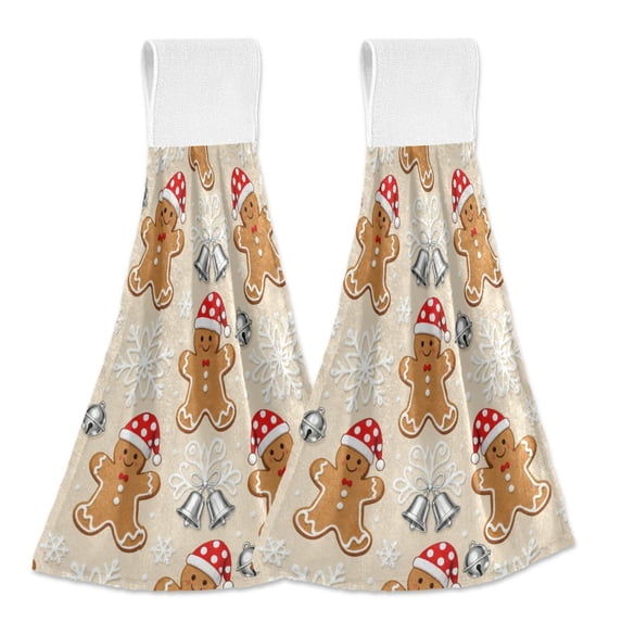 Haosy 2 Pack Kitchen Wash Cloths with Hanging Loops Absorbent Absorbent Quick Drying Hand Towels, Gingerbread Man Snowflake Bell