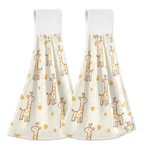 Haosy 2 Pack Kitchen Wash Cloths with Hanging Loops Absorbent Absorbent Quick Drying Hand Towels, Giraffe Yellow Heart Star